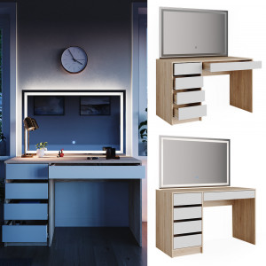 Masuta machiaj cu Oglinda LED si 5 Sertare pentru Cosmetice, Set Masa toaleta 120 cm, Alb, masuta cosmetica, vanity - SEM239 - Img 3