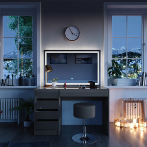 Masuta machiaj cu Oglinda LED si 5 Sertare pentru Cosmetice, Set Masa toaleta 120 cm, Gri, masuta cosmetica, vanity - SEG220
