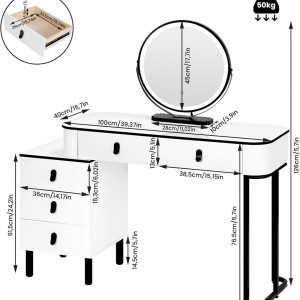 Masuta machiaj cu Oglinda LED si 5 Sertare pentru Cosmetice, Set Masa toaleta 100 cm, Alb, masuta cosmetica, vanity - SEA470 - Img 3