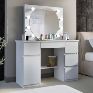 Masuta machiaj cu Oglinda LED si 5 Sertare pentru Cosmetice, Set Masa toaleta 120 cm, Alb, masuta cosmetica, vanity - SEA545 - Img 7