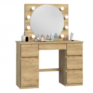 Masuta machiaj cu Oglinda LED si 5 Sertare pentru Cosmetice, Set Masa toaleta 120 cm, Stejar, masuta cosmetica, vanity - SEM520 - Img 4