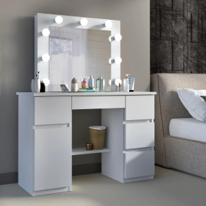 Masuta machiaj cu Oglinda LED si 5 Sertare pentru Cosmetice, Set Masa toaleta 120 cm, Alb, masuta cosmetica, vanity - SEA546