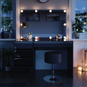 Masuta machiaj cu Oglinda LED si 5 Sertare pentru Cosmetice, Set Masa toaleta 120 cm, Negru, masuta cosmetica, vanity - SEN253