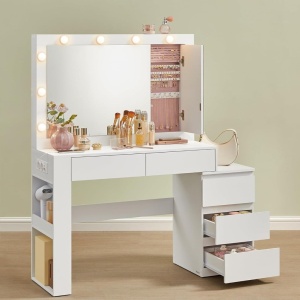 Masuta machiaj cu Oglinda LED si 5 Sertare pentru Cosmetice, Set Masa toaleta 125 cm, Alb, masuta cosmetica, vanity - SEA803 - Img 5
