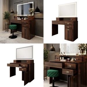 Masuta machiaj cu Oglinda LED si 5 Sertare pentru Cosmetice, Set Masa toaleta 115 cm, Maro, masuta cosmetica, vanity - SEM246 - Img 4
