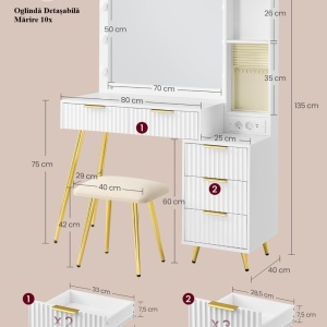 Masuta machiaj cu Oglinda LED si 5 Sertare pentru Cosmetice, Set Masa toaleta 110 cm, Alb, masuta cosmetica, vanity - SEA823 - Img 4