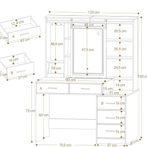 Masuta machiaj cu Oglinda LED si 5 Sertare pentru Cosmetice, Set Masa toaleta 120 cm, Alb, masuta cosmetica, vanity - SEA5 - Img 6