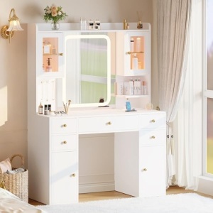 Masuta machiaj cu Oglinda LED si 5 Sertare pentru Cosmetice, Set Masa toaleta 105 cm, Alb, masuta cosmetica, vanity - SEA201 - Img 9