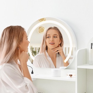 Masuta machiaj cu Oglinda LED si 5 Sertare pentru Cosmetice, Set Masa toaleta 105 - 130 cm, Alb, masuta cosmetica cu Prize si USB, Suport Uscator de Par - SEA25 - Img 9