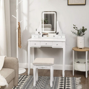 Masuta machiaj cu Oglinda LED si 5 Sertare pentru Cosmetice, Set Masa toaleta 80 cm, Alb, masuta cosmetica, vanity - SEA338
