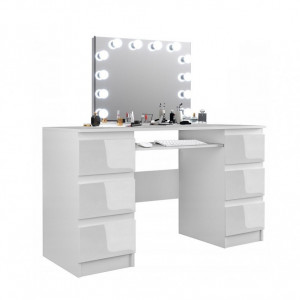 Masuta machiaj cu Oglinda LED si 6 Sertare pentru Cosmetice, Set Masa toaleta 130 cm, Alb, masuta cosmetica, vanity - SEA535