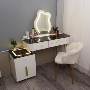 Masuta machiaj cu Oglinda LED si 6 Sertare pentru Cosmetice, Set Masa toaleta 100 cm, Alb, masuta cosmetica, vanity - SEA165