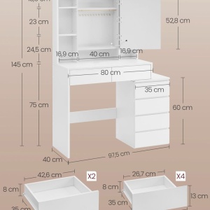 Masuta machiaj cu Oglinda LED si 6 Sertare pentru Cosmetice, Set Masa toaleta 118 cm, Alb, masuta cosmetica, vanity - SEA95 - Img 6