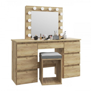 Masuta machiaj cu Oglinda LED si 7 Sertare pentru Cosmetice, Set Masa toaleta 120 cm, Stejar, masuta cosmetica, vanity - SEM508 - Img 4