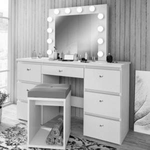 Masuta machiaj cu Oglinda LED si 7 Sertare pentru Cosmetice, Set Masa toaleta 120 cm, Alb, masuta cosmetica, vanity - SEA516C - Img 4