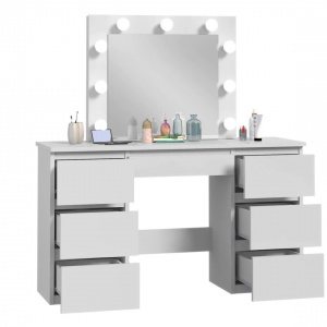 Masuta machiaj cu Oglinda LED si 7 Sertare pentru Cosmetice, Set Masa toaleta 120 cm, Alb, masuta cosmetica, vanity - SEA552 - Img 4