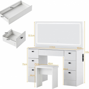 Masuta machiaj cu Oglinda LED si 7 Sertare pentru Cosmetice, Set Masa toaleta 117 cm, Alb, masuta cosmetica, vanity - SEA475 - Img 3