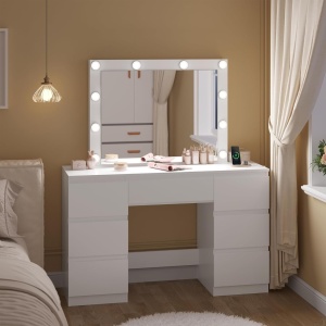 Masuta machiaj cu Oglinda LED si 7 Sertare pentru Cosmetice, Set Masa toaleta 110 cm, Alb, masuta cosmetica, vanity - SEA907