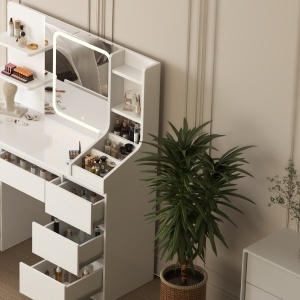 Masuta machiaj cu Oglinda LED si 7 Sertare pentru Cosmetice, Set Masa toaleta 110 cm, Alb / Negru / Roz, masuta cosmetica, vanity - SEA820 - Img 7