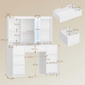 Masuta machiaj cu Oglinda LED si 7 Sertare pentru Cosmetice, Set Masa toaleta 108 cm, Alb, masuta cosmetica, vanity - SEA4 - Img 5
