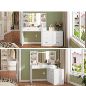 Masuta machiaj cu Oglinda LED si 8 Sertare pentru Cosmetice, Set Masa toaleta 167 cm, Alb, masuta cosmetica, vanity - SEA819 - Img 9