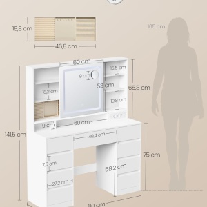Masuta machiaj cu Oglinda LED si 9 Sertare pentru Cosmetice, Set Masa toaleta 110 cm, Alb, masuta cosmetica, vanity - SEA822 - Img 8