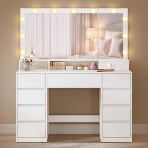 Masuta machiaj cu Oglinda LED si 9 Sertare pentru Cosmetice, Set Masa toaleta 107 cm, Alb, masuta cosmetica, vanity - SEA11