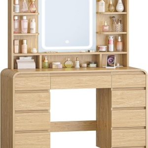 Masuta machiaj cu Oglinda LED si 9 Sertare pentru Cosmetice, Set Masa toaleta 108 cm, cu Priza si USB, masuta cosmetica Maro, vanity cu Rafturi - SEM1 - Img 6