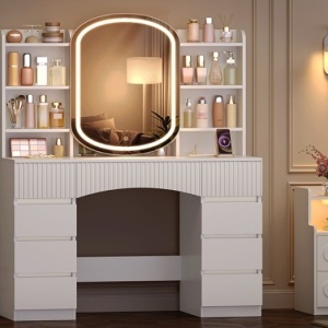Masuta machiaj cu Oglinda LED si 9 Sertare si Rafturi pentru Cosmetice, Set Masa toaleta 108 cm, Alb, masuta cosmetica cu Priza si USB, vanity cu Dulapior - SEA17 - Img 6