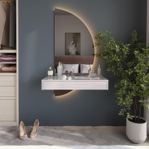 Masuta machiaj cu Oglinda Semiluna LED si 1 Sertar pentru Cosmetice, Set Masa toaleta 80 / 100 / 120 cm, Alb Lucios, masuta vanity, cosmetica - SEA838 - Img 11