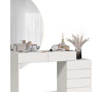 Masuta machiaj cu Oglinda Semiluna LED si 6 Sertare pentru Cosmetice, Set Masa toaleta 100 cm, Alba, masuta vanity, cosmetica - SEA837 - Img 4