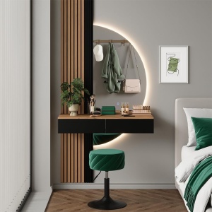 Masuta machiaj neagra cu Oglinda LED si 2 Sertare pentru Cosmetice, Set Masa toaleta 100 cm, masuta cosmetica cu Riflaj, vanity - SEM23 - Img 8