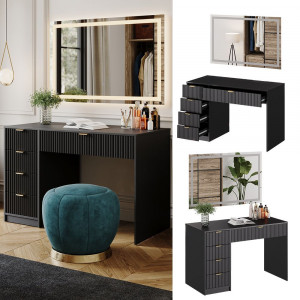 Masuta machiaj neagra cu Oglinda LED si 5 Sertare pentru Cosmetice, Set Masa toaleta 120 cm, masuta vanity cu Riflaj, cosmetica- SEN250 - Img 8