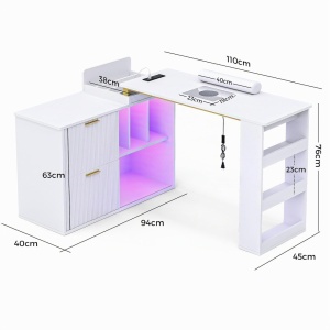 Masuta manichiura Alba / Neagra, 110 cm, birou cu LED si Riflaj, masa cosmetica pentru salon cu Aspirator Incorporat, Prize si USB MANIA211 - Img 9