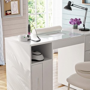 Masuta manichiura Alba / Roz / Neagra, 108 cm, birou, masa cosmetica pentru salon cu Aspirator Incorporat, Pernita, Sertare, Dulapuri si Rafturi - MANIA208 - Img 3