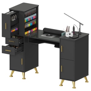 Masuta manichiura Alba / Roz / Neagra, 122 cm, birou cu Blat din Sticla, masa cosmetica pentru salon cu Aspirator Incorporat, Pernita si Vitrina din Sticla - MANIA214 - Img 3