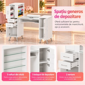 Masuta manichiura Alba / Roz / Neagra, 122 cm, birou cu Blat din Sticla, masa cosmetica pentru salon cu Aspirator Incorporat, Pernita si Vitrina din Sticla - MANIA214 - Img 8