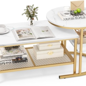 MCAU19 - Set 2 masute de cafea 80 cm si 52 cm, mese pentru living - Alb - Negru / Auriu - Img 11