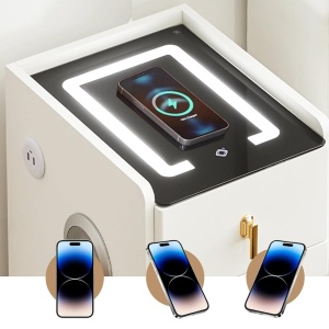 NOA1 - Set 2x Noptiere Smart, 30 cm, cu 3 sertare, LED, USB, Bluetooth, Incarcator Wireless, mobilier dormitor - Alb - Img 8