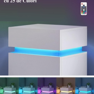 NOA28 - Set 2x Noptiere albe 40x35x55 cm, cu 3 sertare si LED, dormitor - Alb - Img 8