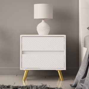 NOA33 - Set 2x Noptiere albe 50x35x50 cm, cu 2 sertare, dormitor - Alb-Auriu