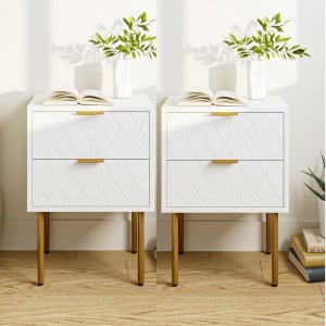 NOA41 - Set 2 Noptiere albe 40 cm, cu 2 sertare, dormitor - Alb-Auriu