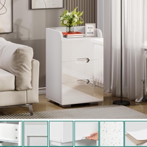 NOA47 - Set 2x Noptiere albe 40x34x63 cm, cu 3 sertare, dormitor - Alb Lucios - Img 6