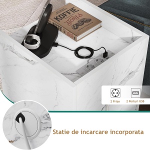NOA64 - Set 2 Noptiere albe 35 cm, cu 3 sertare Priza si USB, dormitor - Alb Imitatie de Marmura - Img 8