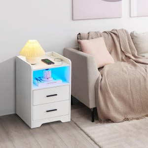 NOA65 - Set 2x Noptiere albe 38 cm, cu 2 sertare, cu LED, Priza si Port USB - Alb-Negru - Img 4