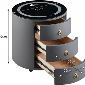 NON213 - Set 2x Noptiere Gri rotunde, 40 cm, cu 2 sertare, cu LED si incarcator Wireless, dormitor - Img 6