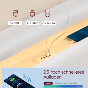 PAA2 - Pat tapitat, 140 / 160 x 200 cm cu USB, USB-C, LED, si Raft - Alb Piele Ecologica - Img 5