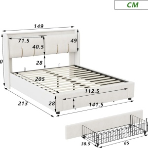 PAC2 - Pat tapitat catifea, 140 / 160 x 200 cm cu Priza, USB, USB-C, LED, Sertar, Somiera Hidraulica, Spatiu depozitare si Raft - Alb (crem) - Img 7