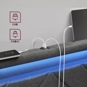 PAG2 - Pat tapitat, 140 sau 160 x 200 cm, cu 4 Sertare, LED, USB si USB-C, Organizatoare Carti - Gri - Img 3