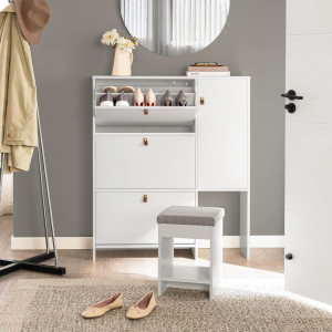 PANA18 - Pantofar 95 cm, 3 compartimente si un dulap, pantofare, depozitare pantofi, mobilier hol cu taburet- Alb